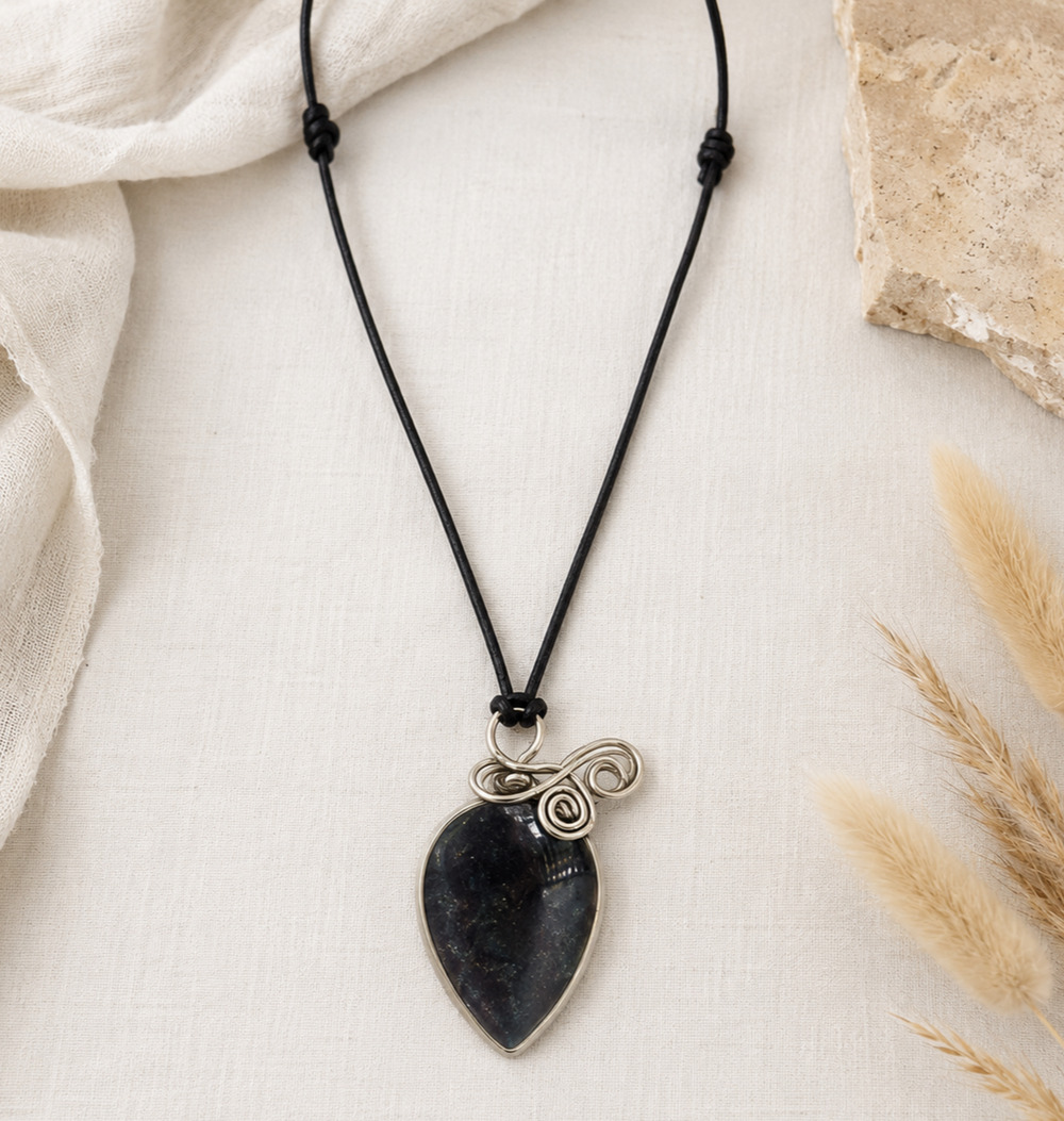 Labradorite Teardrop Pendant Necklace Silver Tone Wire Wrap Mystical Boho